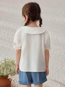 SHEIN 年轻女孩乡村风格刺绣领泡泡袖纽扣衬衫 - 白色 - 查看 2