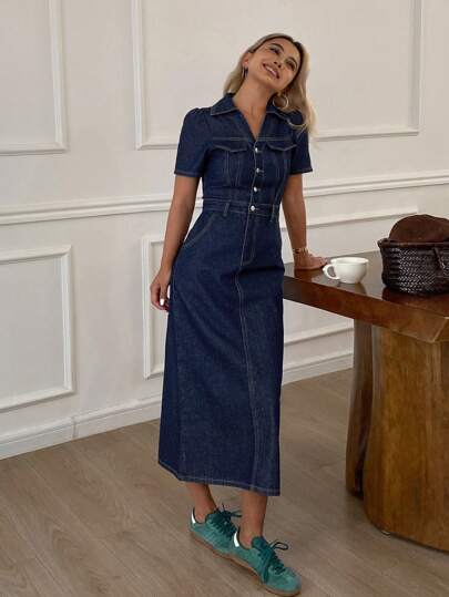 Livesso Women's Spring/Summer Puff Sleeve Denim Dress Maxi Dress
