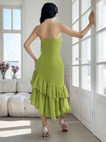 Modelyn 女式纯色 3D 花卉装饰荷叶边下摆优雅中长连衣裙 - 綠色 - 查看 2