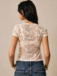 Poéselle Women's Floral Lace V-Neck Short Sleeve Pleated Sexy Blouse - Apricot - View 2