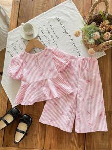 LMoss Kids Conjunto de 2 piezas para bebé niña compuesto por blusa de manga corta con lazo y pantalón de cintura elástica a rayas, para verano - Rosa - Ver 6