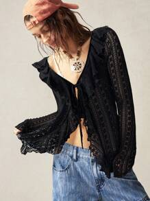 Bohemela Women's Casual Vacation Solid Color Lace Ruffle Collar Blouse - Black - View 5