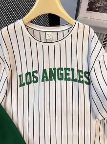 SHEIN Teen Boys' Valentine's Day Casual School Style Comfortable Fashion Simple Practical Cute Soft Suitable For Daily Wear, School, Outdoor, Sports, Stripes, Festival Party Short Sleeve T-Shirt And Shorts Set