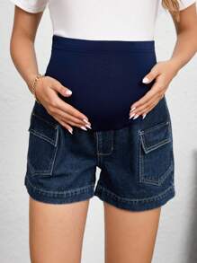SHEIN Maternity Solid Color Denim Shorts, Fashionable For Summer - Dark Wash - View 5
