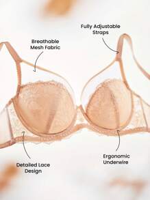 LUVLETTE Soft Woman Lingerie Lounge Curve Sheer Full Coverage Support&Breathable Underwire Sexy Unlined Minimizer Lace Elegance & Mesh Nude Bra Bridal Intimates