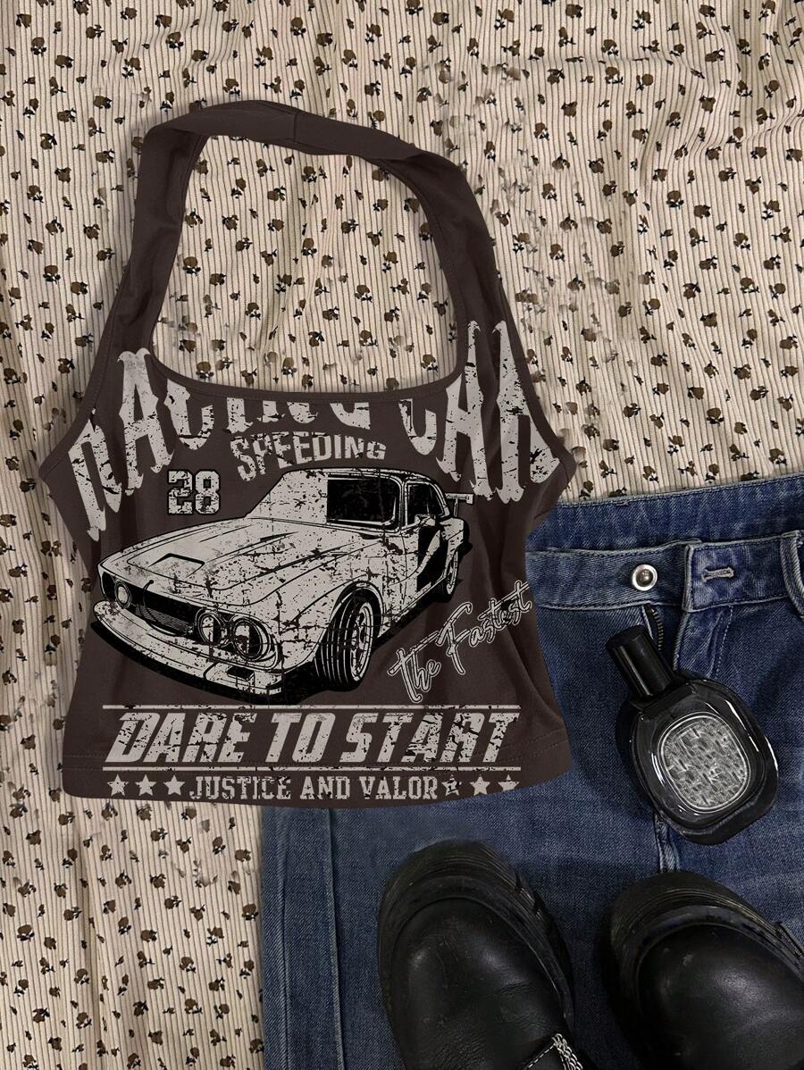 Attitoon Women's Casual Neck Tie Backless Tank Top, Racing Print, Street Fashion, For Summer Back To School - Multicolor - View 1