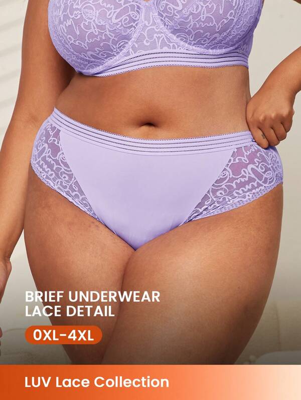 LUVLETTE Plus Mid-Rise Lace Lingerie Sheer Patchwork Purple Panty Underwear For Women