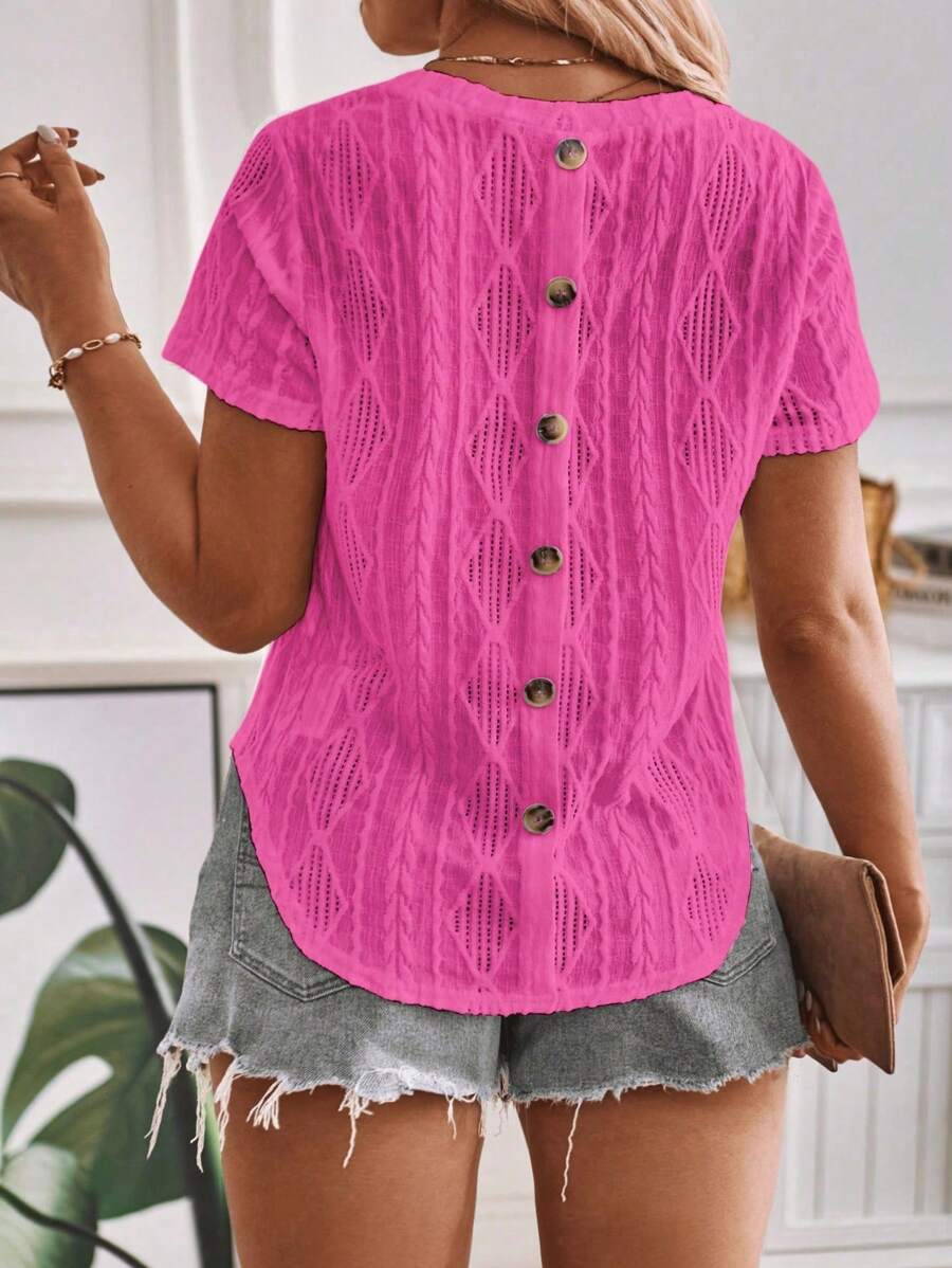 SHEIN VCAY CURVE Plus Size Crew Neck Shoulder Round Hem Rhombus Pattern Jacquard Fabric Back Button T-Shirt - Hot Pink - View 1