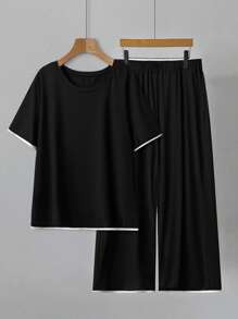 SHEIN CURVE+ 2pcs/Set Plus Size Women Round Neck Short Sleeve Top And Pants - Black - View 1