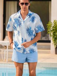 Manfinity Swimmode Men's Tropical Print Shirt And Shorts Beach Outfit, Hawaiian, Men's Beach Shirts, Blue Hawaiian Shirt, Pool Party Outfit Men, Men Vacation Shirts - Baby Blue - View 7