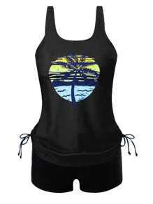 Swim Lushoire Printed Modest 2Pcs Tankini Swimsuit For Women For Summer Beach Vacation - Black - View 3