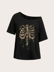 Attitoon 休闲简约骷髅图案落肩女式T恤，适合夏季 - 黑色 - 查看 4