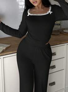 SweetSlumber Set de pijamale cu pulover și decolteu pătrat, 2 buc., pentru femei, haine de toamnă-iarnă