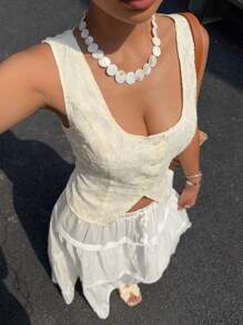SHEIN Essnce 夏季新款纯色百搭上衣，花卉图案无袖背心，假日风情女装 - 杏色 - 查看 6
