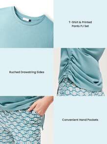 LUVLETTE Lsland StyleSoft Cotton Blue Vacation Romantic Pleats Short-Sleeve Basic Crew Neck Top & Printed Pants Loungewear Airy Pajama Set Vacation Pants With Pockets Pants With Pockets Women Lingerie As Outerwear - Teal Blue - View 3
