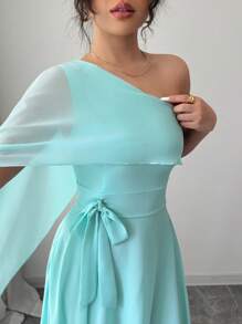 Elenzga Vestido de graduación elegante verde menta con capa asimétrica, corte evasé, cintura ceñida, romántico para mujeres