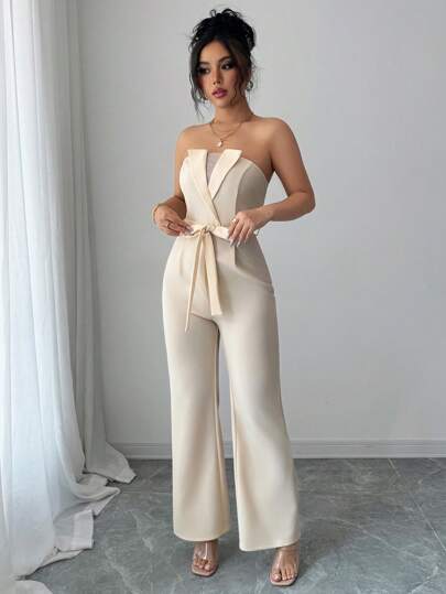 Lyxana Bandeau Waisted Bowknot V-Neck Sexy & Slimming Bell Bottom Jumpsuit