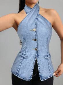 SHEIN Essnce Women's Denim Halter Neck Slim Fit Stretch Top, Blue - Light Wash - View 6