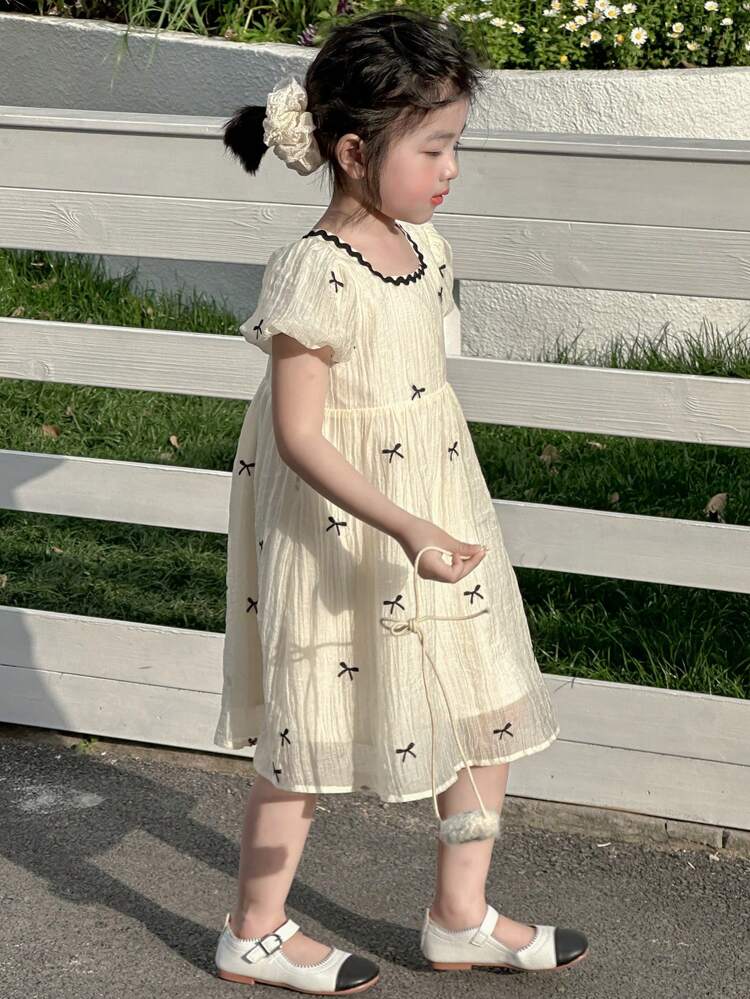 Toddler Girls' Stand Collar Casual Bowknot All-Over Embroidery Midi Dress