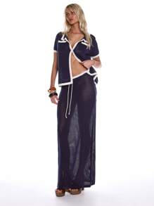 MUSERA Gehäkelter Maxirock mit kontrastierendem Bindegürtel, ideal für Frühling, Sommer, Urlaub, Strand, Abendparty, elegant für Weihnachten