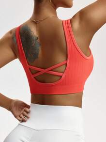 Easithlete Soutien-gorge de sport pour femmes d'été sans fil à dos croisé de couleur unie