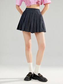 Aveloria GENKIRA Denim Effect Versatile Fashion Pleated Mini Skirt, Summer - Navy Blue - View 4