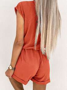 INAWLY Women Casual Elegant Commute Vacation Loose V-Neck Elastic Waist Wrinkle Fabric Sleeveless Romper, Spring/Summer - Orange - View 2