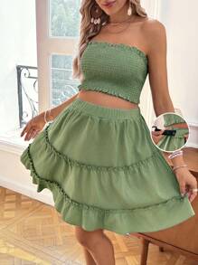 SHEIN Solid Color Casual Maternity Ruffle Hem Crop Top And Mini Skirt Set - Green - View 6