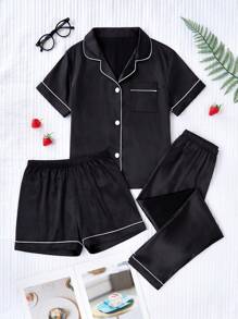 SHEIN 女童三件套睡衣套装，包括黑色简约多臂提花面料长裤、短裤和翻领短袖上衣，休闲睡衣 - 黑色 - 查看 3