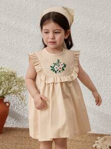 Blossori Baby Girls Country Style Beige Ruffle Trim Round Neck Sleeveless Dress - Yellow - View 3
