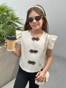 Firerie Kids Firerie Kids Nova Glow Tween 女童可爱纽扣盖袖拼色休闲衬衫 - 白色 - 查看 5