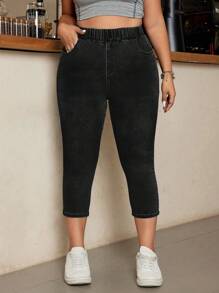 SHEIN ICON Quần Jeans Denim Trơn Cỡ Lớn, Thời Trang Tối Giản Phù Hợp Cho Mùa Hè - màu đen - Xem 1