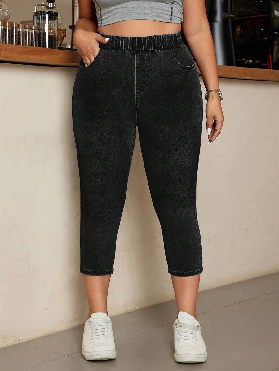 SHEIN ICON Quần Jeans Denim Trơn Cỡ Lớn, Thời Trang Tối Giản Phù Hợp Cho Mùa Hè - màu đen - Xem 1