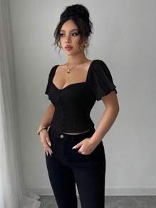 Selianne 褶皱短袖修身优雅女士衬衫 - 黑色 - 查看 3