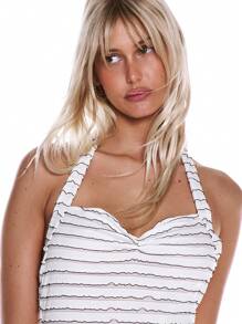 MUSERA 荷叶边条纹露背褶饰胸围无袖迷你连衣裙春夏季度假海滩、可爱、假日 - 杏色 - 查看 5