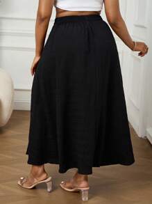 SHEIN PETITE CURVE 大码休闲纯色高开衩裙 - 黑色 - 查看 2