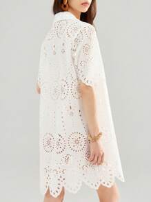 GENKIRA French Summer New Embroidered Trim Short Sleeve Dress - White - View 3