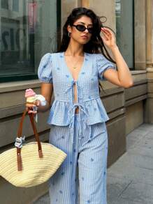 SHEIN Frenchy Women 2pcs Set Striped Print Ruffle Hem Short Sleeve Top & Long Pants Flower Summer Vacation Holiday Resort - Blue and White - View 4