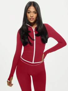 MISSGUIDED Athletic Performance Zip Up Training Jacket Moisture Wicking Workout Exercise Running Fitness Gym Active Wear Sports Track Jacket Winter Activewear - Burgundy - View 1