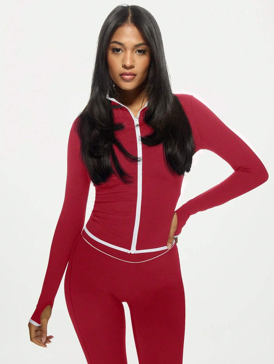 MISSGUIDED Athletic Performance Zip Up Training Jacket Moisture Wicking Workout Exercise Running Fitness Gym Active Wear Sports Track Jacket Winter Activewear - Burgundy - View 1