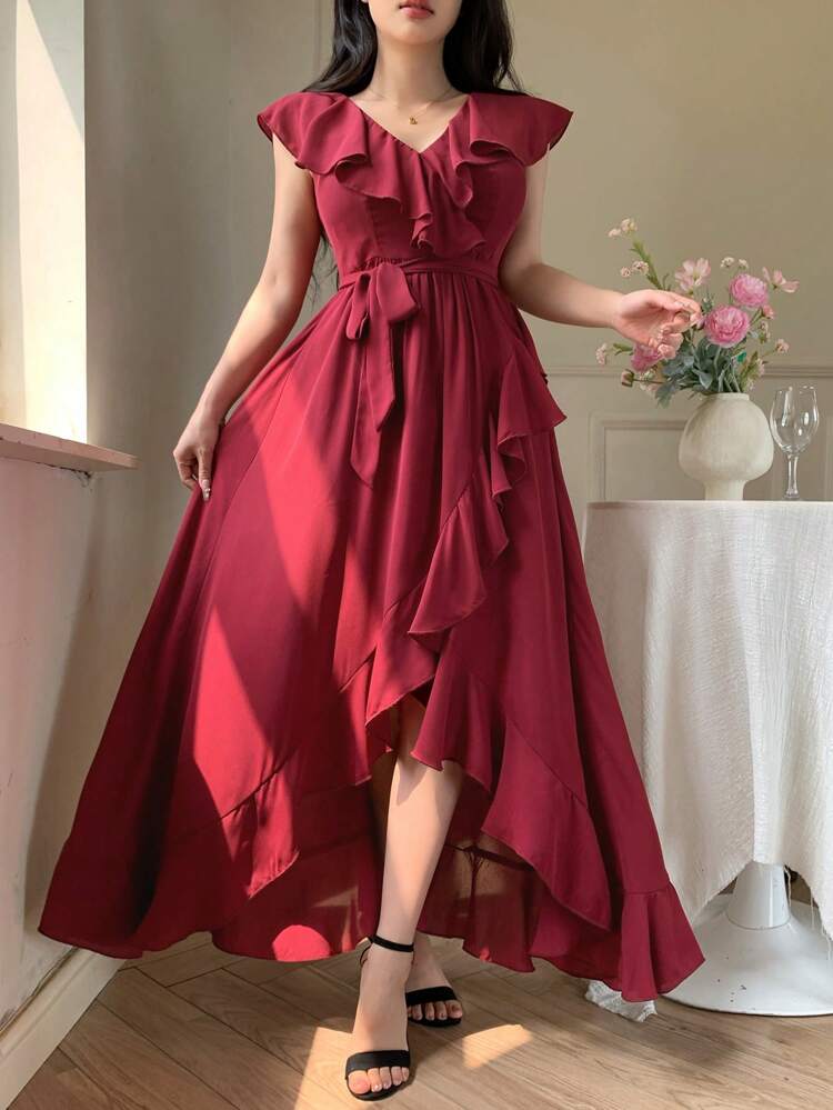 Women's Spring/Summer Chiffon Ruffle Hem Dress Red Women Dresses Christmas Dress