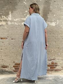 Breezaya Vestito camicia casual con fessura laterale, a maniche corte, monopetto, a righe, taglie forti per donne