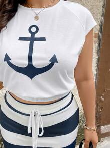 SHEIN LUNE 2pcs/Set Navy Style Anchor & Striped Pattern Casual Versatile Plus Size Skirt And Top Summer Outfits For Women Brunch Outfits For Women Mother's Day Church Outfits Women