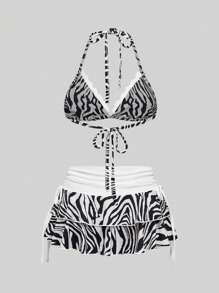 ROMWE Grunge Punk Y2K 性感宝贝斑马条纹度假风格全身印花三角形上衣露背装和超短裙 2 件套