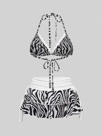 Grunge Punk Y2K Sexy Babe Zebra Stripe Vacation Style Allover Print Triangle Top Halter & Extra Short Skirt 2 Pieces Set