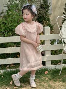 DAZY Young Girl' Round Neck Loose Ruffle Trim Short Sleeve Elegant Adorable Summer Dress