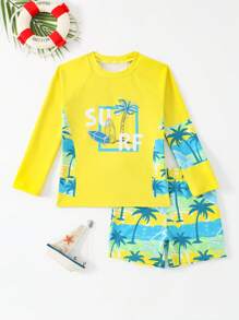Conjunto de traje de baño de vacaciones para niño con top de manga larga con estampado de palmeras y shorts