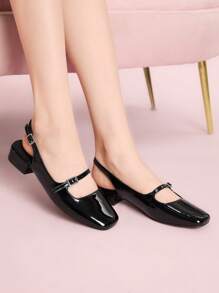 CUCCOO DOLLMOD Women's Fashion Metal Black Mary Jane Low Chunky Heel Shoes