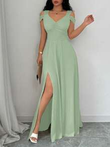Rafferiza V-Neck Cinched Waist Vintage Style Dress For Women Fall Cloth For Women - Mint Green - View 1