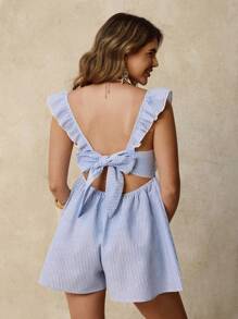 Boho Mama Bohemian Maternity Ruffled Collar Cap Sleeve Casual Romper Blue Maternity Jumpsuit,Cotton Fabric, Back Bowknot,Blue Maternity Jumpsuit Maternity Summer Outfits Maternity Clothes Summer - Blue - View 2